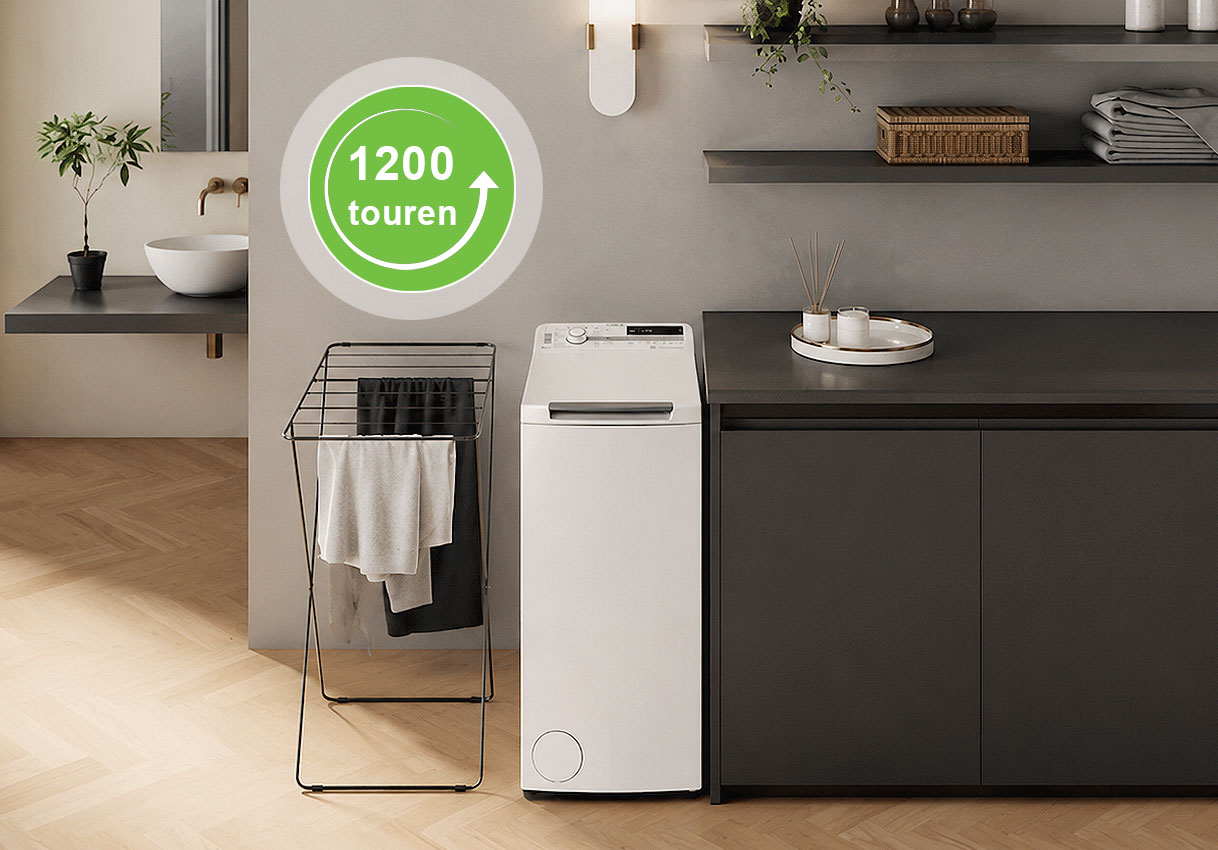 Wasmachine met 1200 toeren als laagste standaard-toerental dat kleding spaart en rustiger centrifugeert