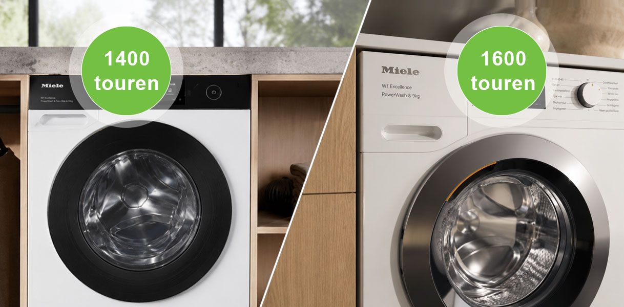 Twee Miele 9 kg wasmachines naast elkaar met 1400 en 1600 toeren