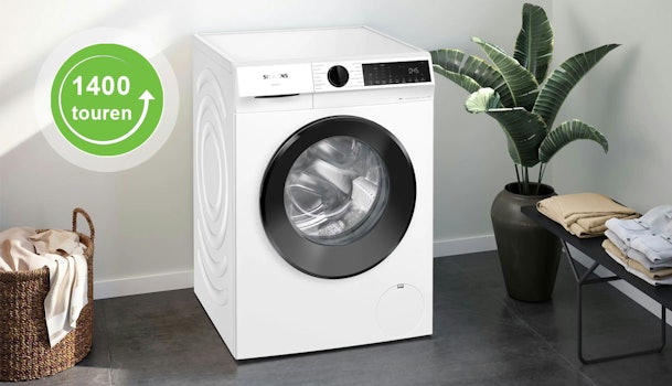 Wasmachine met 1400 toeren die ongeveer 50 procent restvocht achterlaat en zo de droogtijd verkort