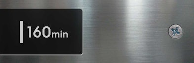 AEG vaatwasser display toont 160min programma selectie op zwart scherm