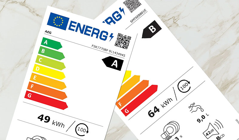 Energielabels A en B vaatwasser tonen energieverbruik 49 en 64 kWh per jaar