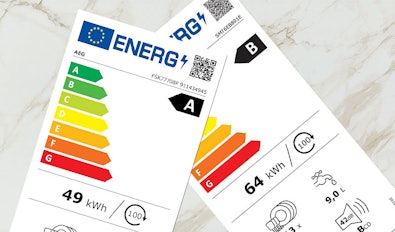 Energielabels A en B vaatwasser tonen energieverbruik 49 en 64 kWh per jaar