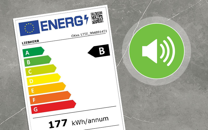 Energielabel van een tafelmodel koelkast met geluidsniveau-indicator en verbruik van 177 kWh per jaar.