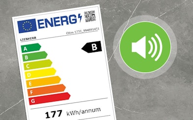 Energielabel van een tafelmodel koelkast met geluidsniveau-indicator en verbruik van 177 kWh per jaar.
