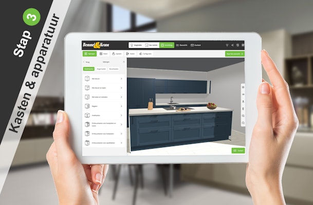 3D keukenplanner: Stap 3 keukenkasten en apparatuur selecteren.