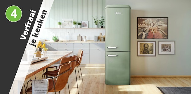 4. Een eigentijdse retro-koelkast verfraait je keuken.