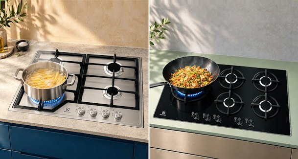Electrolux gaskookplaat met vier branders naast een bredere uitvoering met vijf branders en wokbrander links