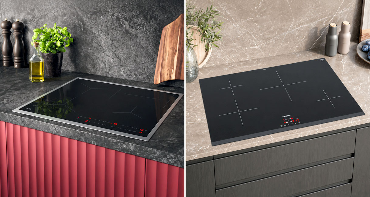 Inductiekookplaat met vier zones in 60 cm naast een model van 80 cm breed