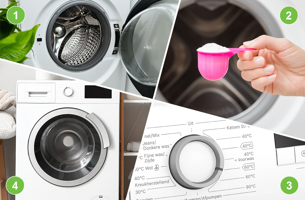 Stappenplan wasmachine ontkalken in 4 stappen: lege trommel, middel toevoegen, programma kiezen, machine draaien