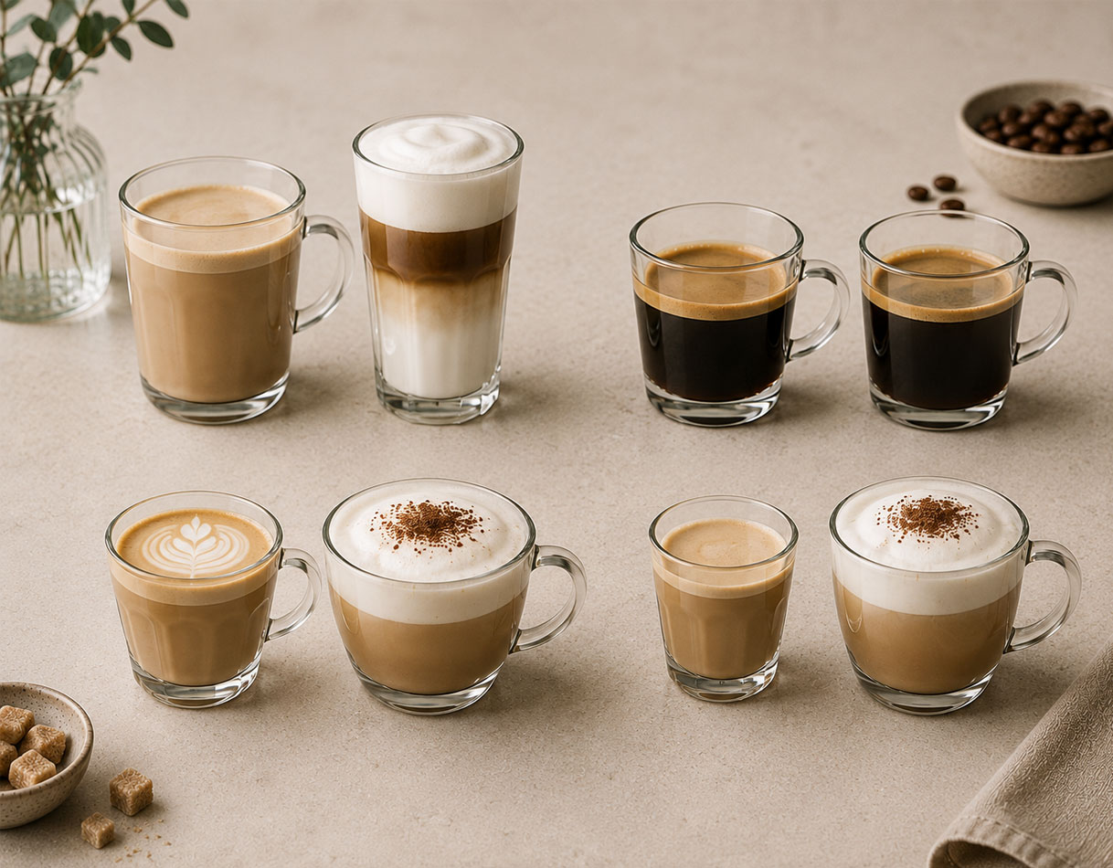 Latte en latte macchiato, lungo en americano, flat white en cappuccino en cortado en cappuccino naast elkaar