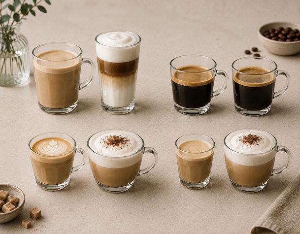 Latte en latte macchiato, lungo en americano, flat white en cappuccino en cortado en cappuccino naast elkaar