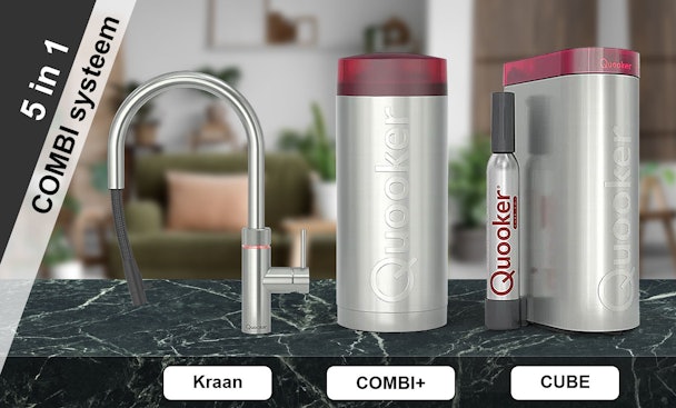 5-in-1 Quooker COMBI Plus systeem met kraan, COMBI Plus reservoir en CUBE voor gekoeld en bruisend water