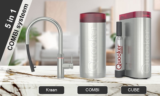 Quooker 5-in-1 systeem met kokendwaterkraan, COMBI reservoir en CUBE voor koud, warm, kokend, gekoeld en bruisend water uit één kraan