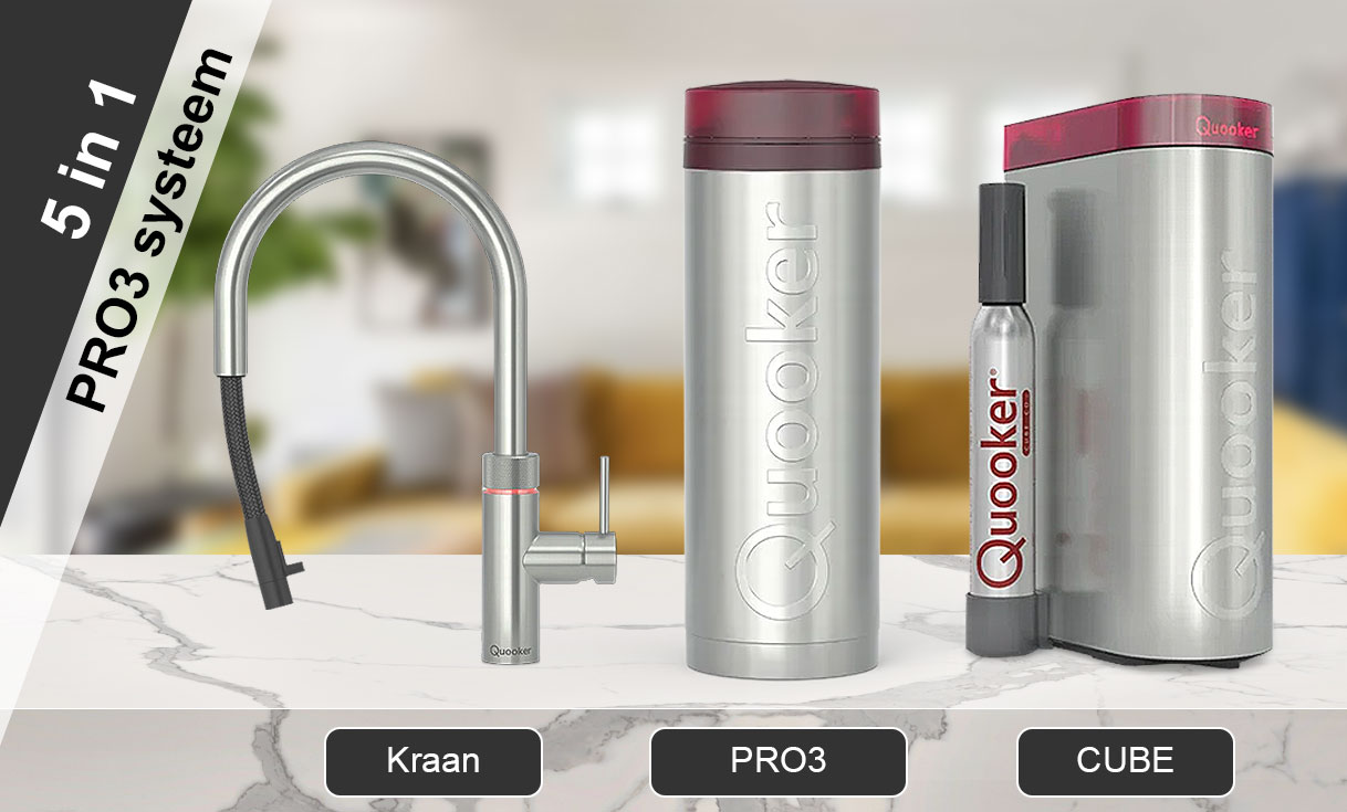 5-in-1 Quooker PRO3 systeem met kraan, PRO3 reservoir en CUBE voor gekoeld en bruisend water