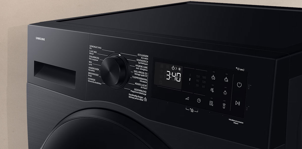 Samsung 5000-serie droger bedieningspaneel in zwart met OptimalDry sensoren en uitgebreide programmakeuze