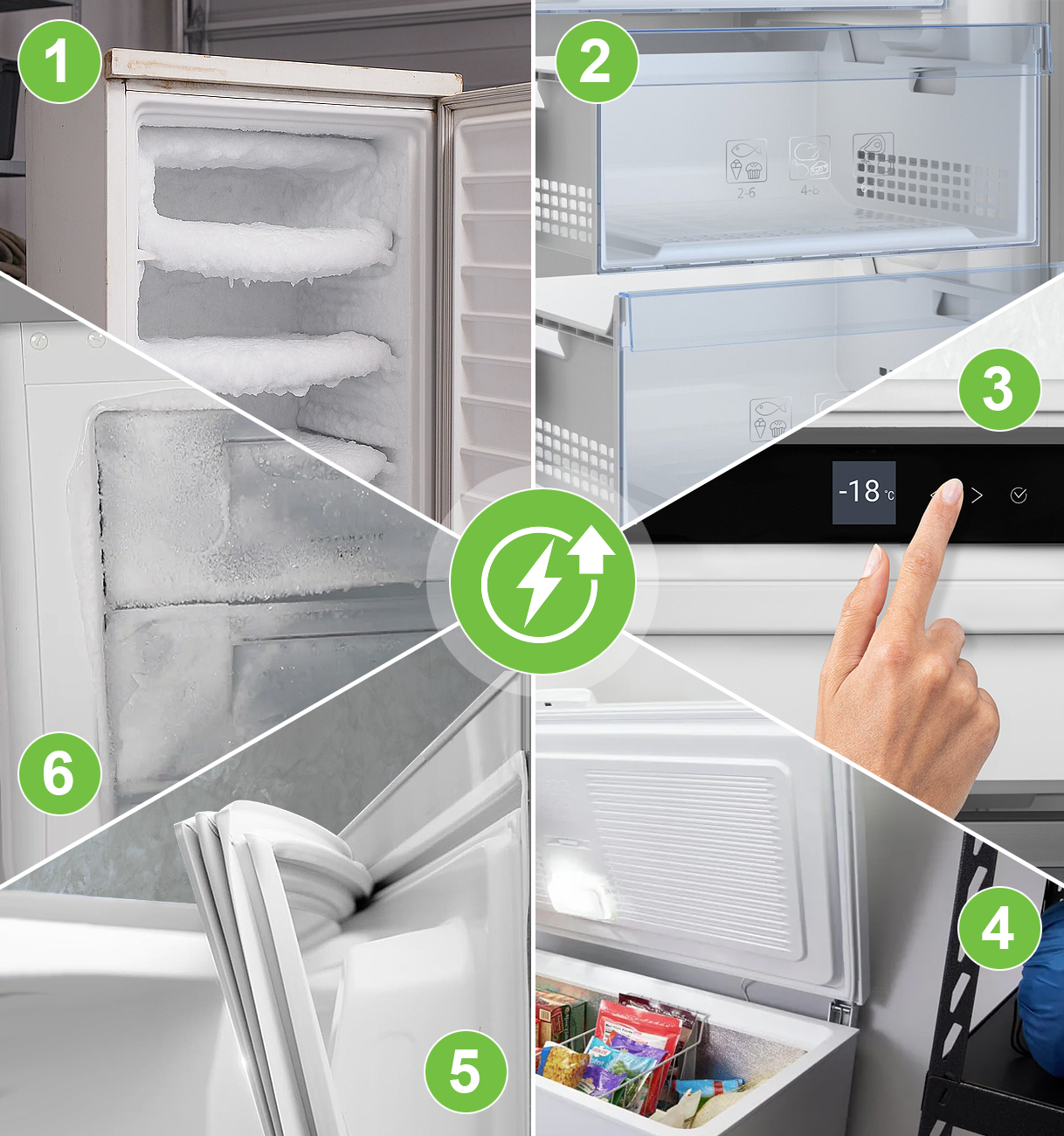 Oude vriezer met ijsafzetting, moderne NoFrost-lades, temperatuurdisplay, open schuurvriezer, versleten deurrubber en dikke ijslaag als voorbeelden van factoren die het stroomverbruik verhogen.