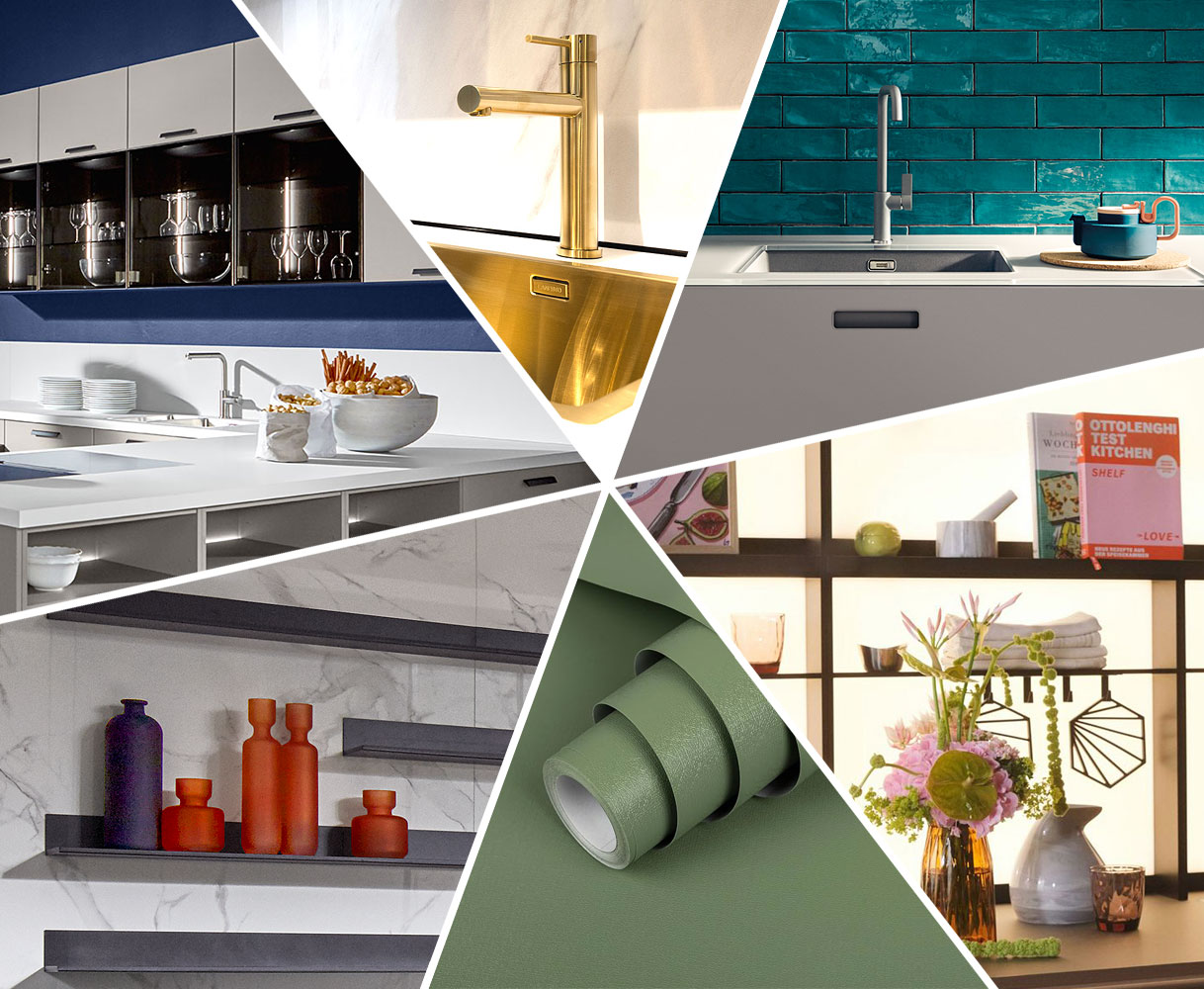 Collage met keukenaccenten zoals gekleurde tegels, messing kraan, accessoires en groene wrapfolie voor keukenfronten.