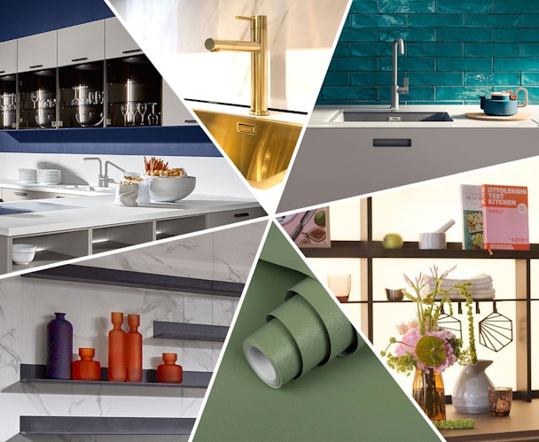 Collage met keukenaccenten zoals gekleurde tegels, messing kraan, accessoires en groene wrapfolie voor keukenfronten.