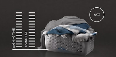 Wasmand met wasgoed en ProSense-sensoren die was- en droogtijd afstemmen bij de AEG 6000-serie