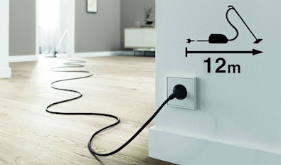 Stofzuiger snoerlengte 12 meter actieradius voor grote ruimtes zonder stopcontact wisselen