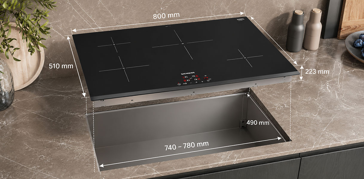 Siemens inductiekookplaat van 80 cm boven een werkbladuitsparing met nismaat van 740 tot 780 mm