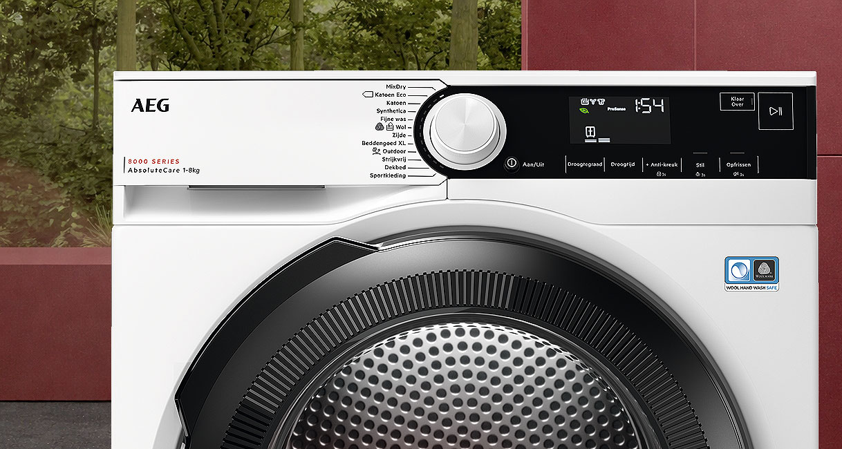 AEG 8000 serie warmtepompdroger met AbsoluteCare display en Woolmark certificering voor het veilig drogen van delicate stoffen