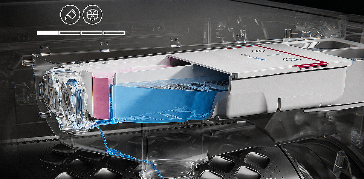 Doorsnede van het AutoDose-reservoir met wasmiddel bij de AEG 8000-serie met PowerCare