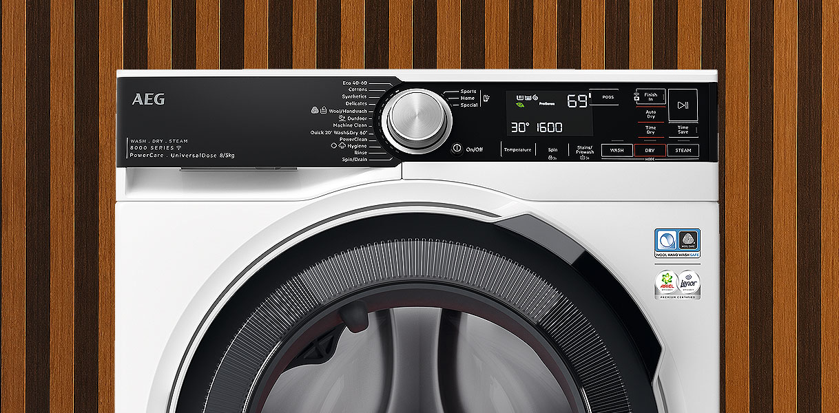 AEG 8000-serie PowerCare was-droogcombinatie die wasmiddel voormengt voor schoon resultaat op 30 graden