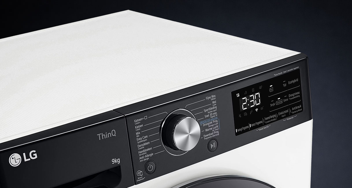 LG ThinQ wasdroger bedieningspaneel met programmakeuzeschakelaar en digitaal display voor 9 kg