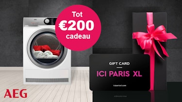 Nu bij aankoop van AEG was-droogapparatuur ICI PARIS XL e-Gift Cards tot 200 euro cadeau.