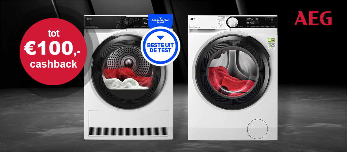 AEG was- en droogapparatuur nu met tot €100,-cashback.