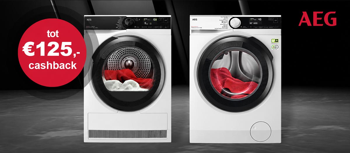 AEG was- en droogapparatuur nu met tot €125,-cashback.