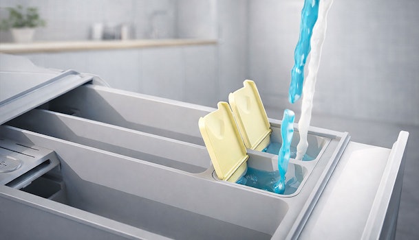 ASKO Auto Dose wasmiddeldispenser met twee reservoirs voor wasmiddel en wasverzachter in geopende zeeplade