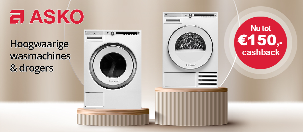 Nu tot 150 euro cashback bij aankoop van een ASKO wasmachine of droger.