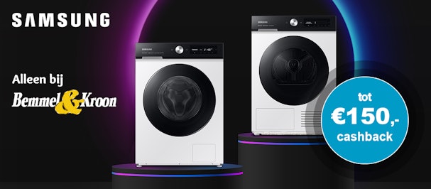 Ontvang tot € 150,- terug op geselecteerde premium Samsung wasmachines en drogers.