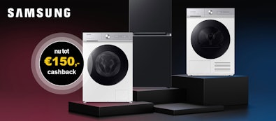 Ontvang tot €150 retour bij aankoop van geselecteerde Samsung wasmachines, drogers, was-droogcombinaties en koelkasten.