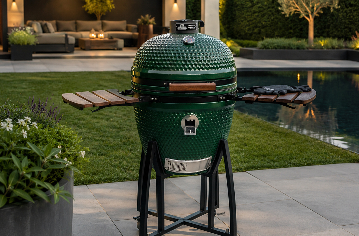 Groene keramische Big Bear kamado houtskoolbarbecue met houten zijtafels op een onderstel in een tuin bij het zwembad