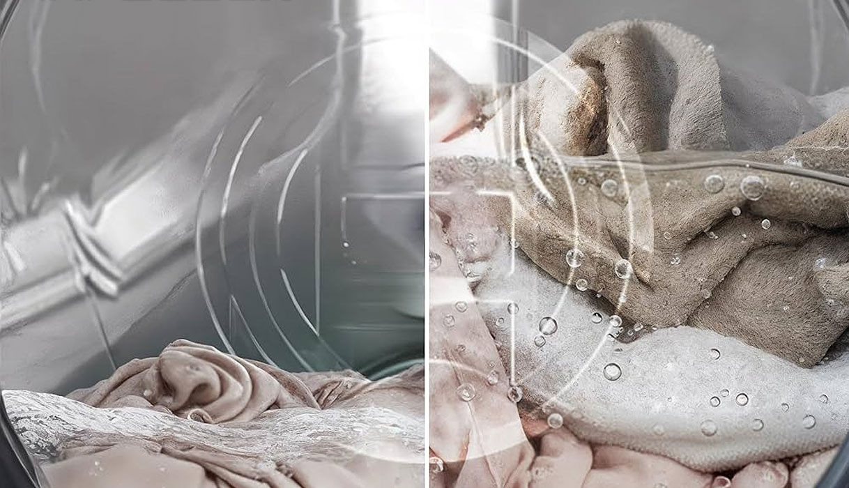 Illustratie van Bosch ActiveWater Plus dat het waterverbruik automatisch aanpast aan de hoeveelheid was.