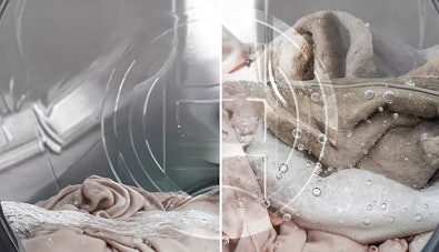 Illustratie van Bosch ActiveWater Plus dat het waterverbruik automatisch aanpast aan de hoeveelheid was.