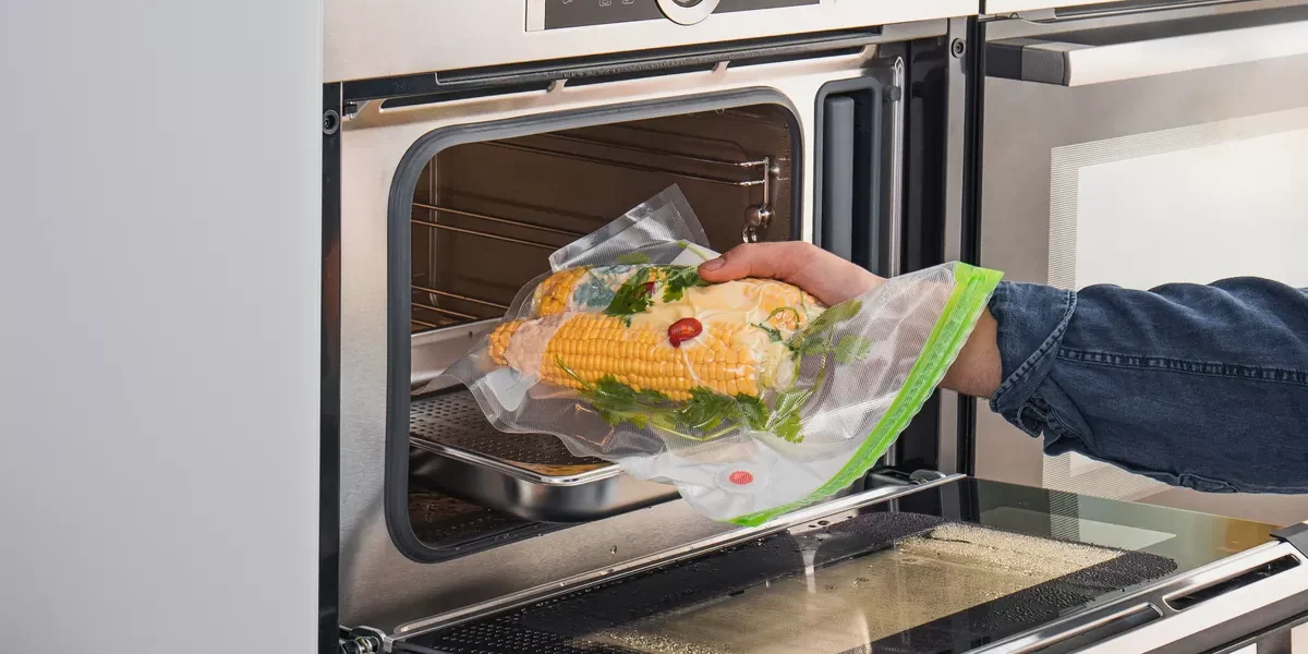 Twee vacuümverpakte maïskolven worden in de oven gelegd in om sous-vide te bereiden.