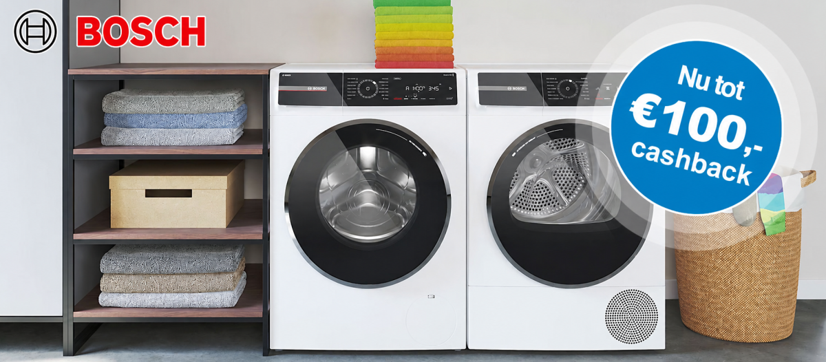 Bosch Cashbackactie, tot wel 100 euro retour op aankoop van een was of wasdroger!