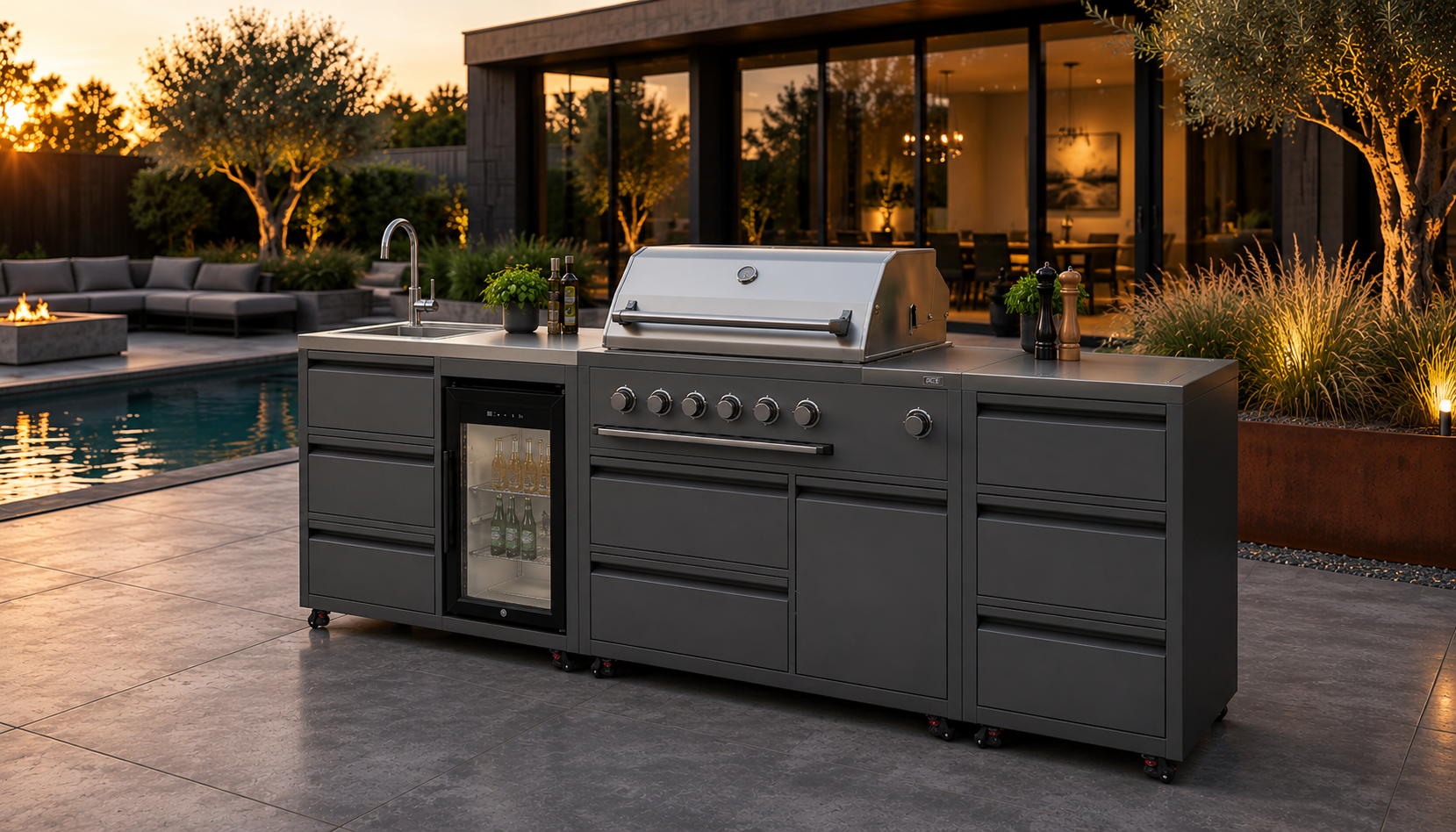 Antraciet modulaire buitenkeuken met gasbarbecue, spoelbak, glasdeur koelkast en ladekasten op een terras bij het zwembad