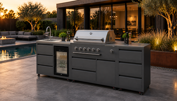 Antraciet modulaire buitenkeuken met gasbarbecue, spoelbak, glasdeur koelkast en ladekasten op een terras bij het zwembad