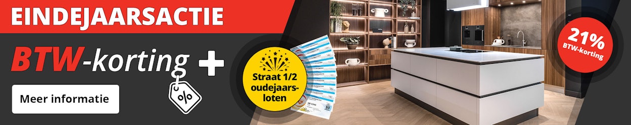 Ontvang nu BTW-korting + een straat 1/2 oudejaarsloten bij aankoop van een complete keuken.