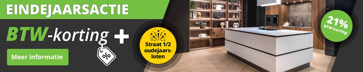 Ontvang nu BTW-korting + een straat 1/2 oudejaarsloten bij aankoop van een complete keuken.