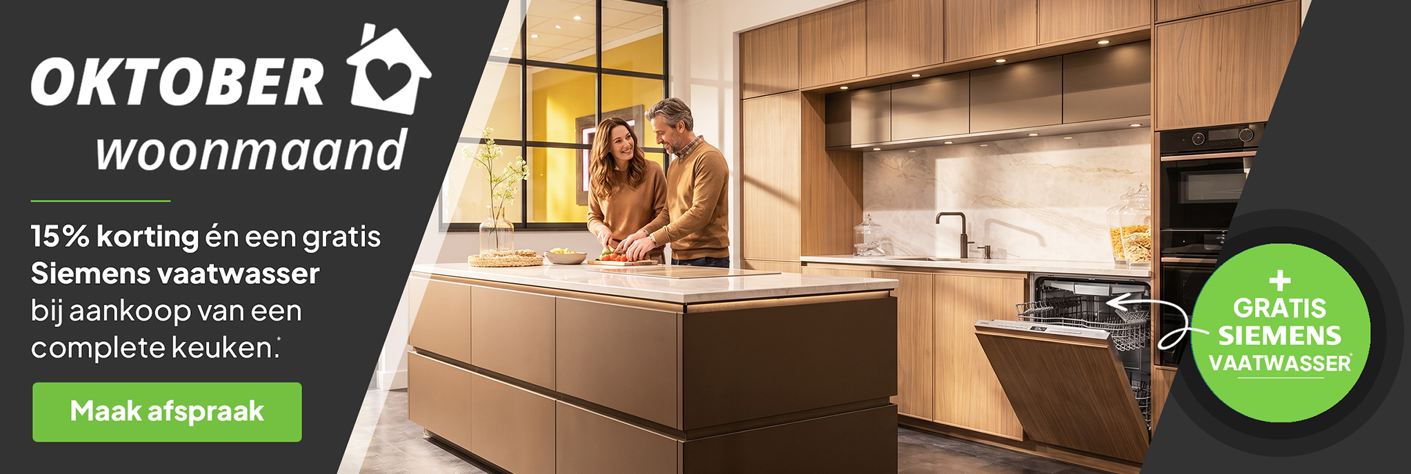 Oktober woonmaandactie: 15% korting en een siemens vaatwasser cadeau op de complete keuken