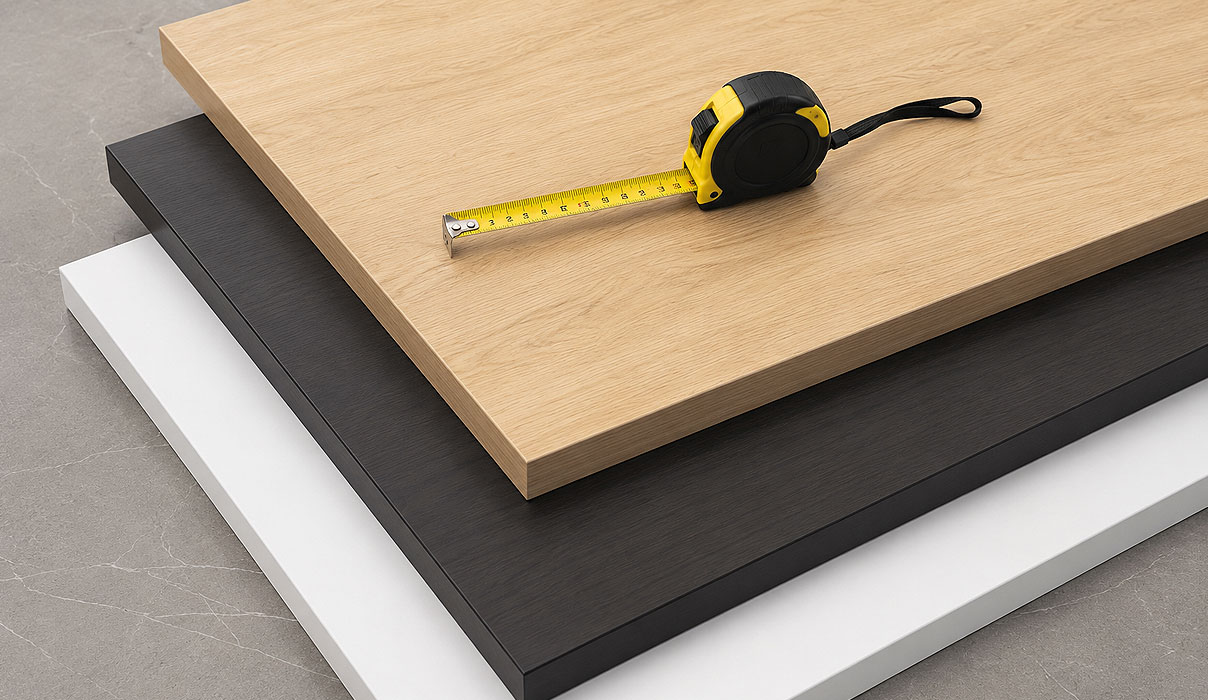 Drie IKEA keukenfronten van 70, 75 en 80 cm met een rolmaat bovenop om de hoogte van een vaatwasserfront op te meten.