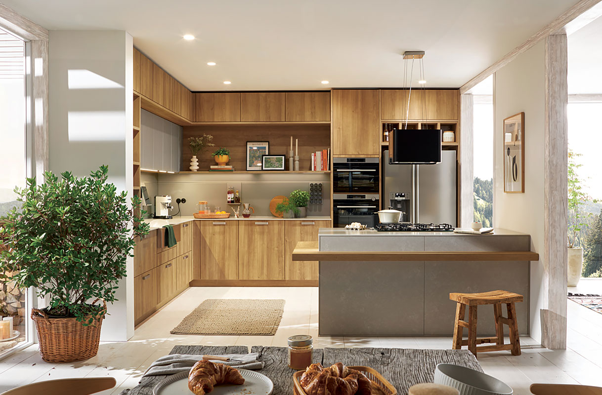 Eiken opstelling met smartglas kookeiland