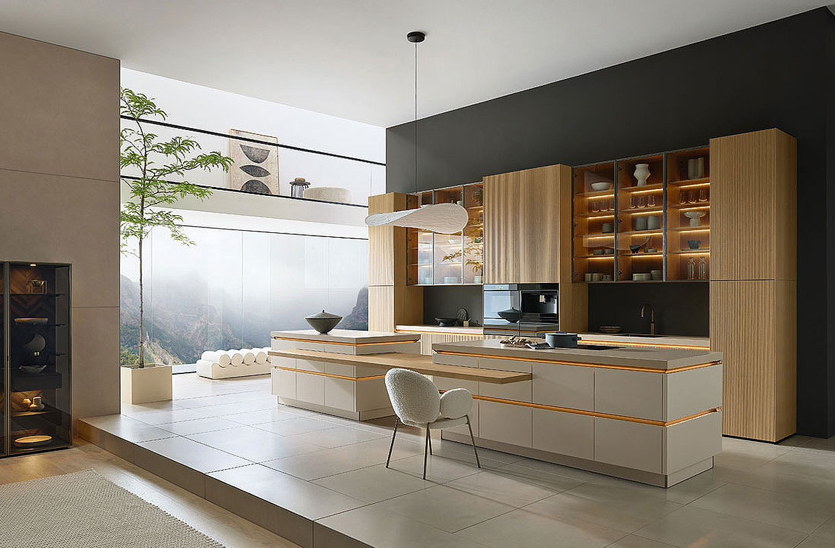 Zacht front en warme houtaccenten voor een rustgevende leefruimte