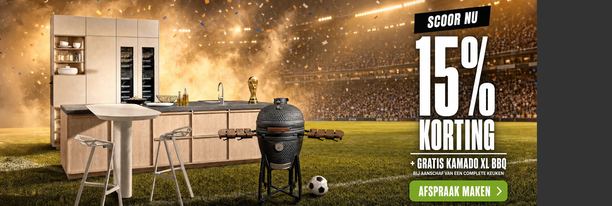 Moderne Japandi-keuken op een voetbalveld met 15% korting en gratis Kamado XL BBQ tijdens de WK-keukenactie.